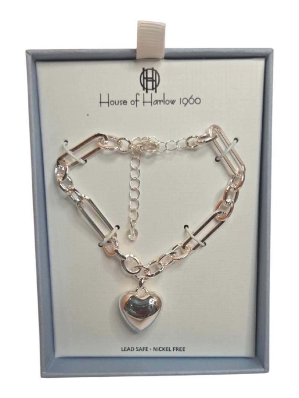 House of Harlow 1960 Silver Heart Charm Link Silver Tone Bracelet